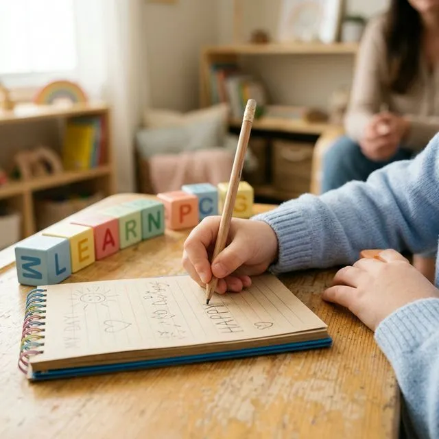 Niño desarrollando habilidades de escritura y bloques coloridos